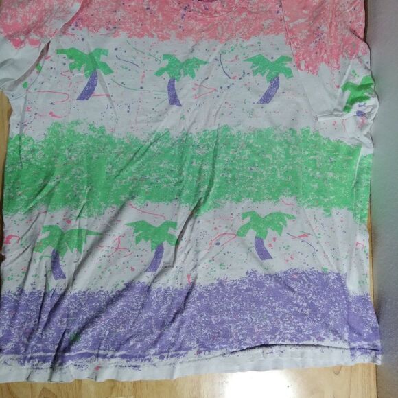 Vintage 90s Palm Trees Paint Splash Stripes AOP T-Shirt, - Picture 2 of 10